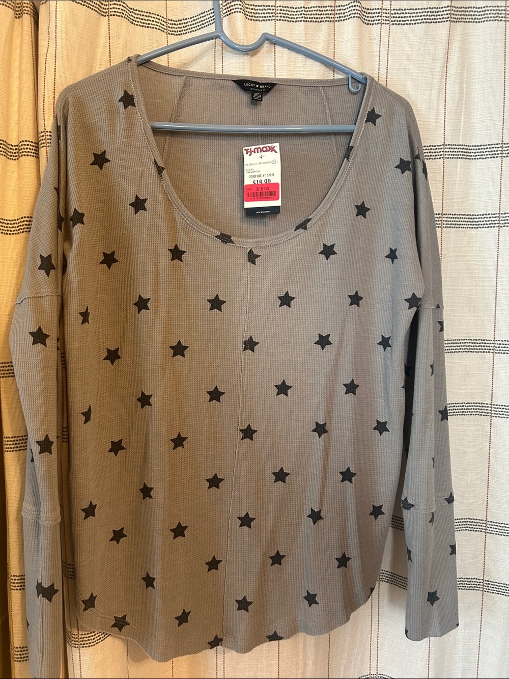 Lucky Brand Olive Long Sleeve Star Print Top